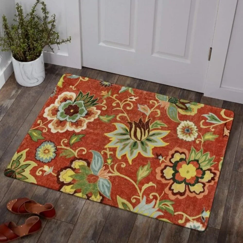 New 2 x 3ft Red Kitchen Area Rug, Washable Non-Slip Floral Mat for Home & Entry
